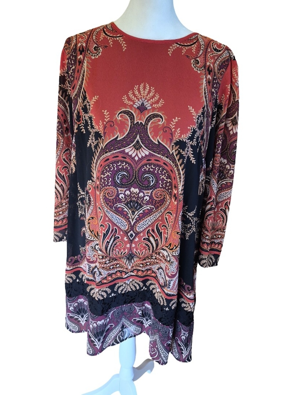 Ruff Hewn Long-Sleeve Paisley Tunic in Rust and Black